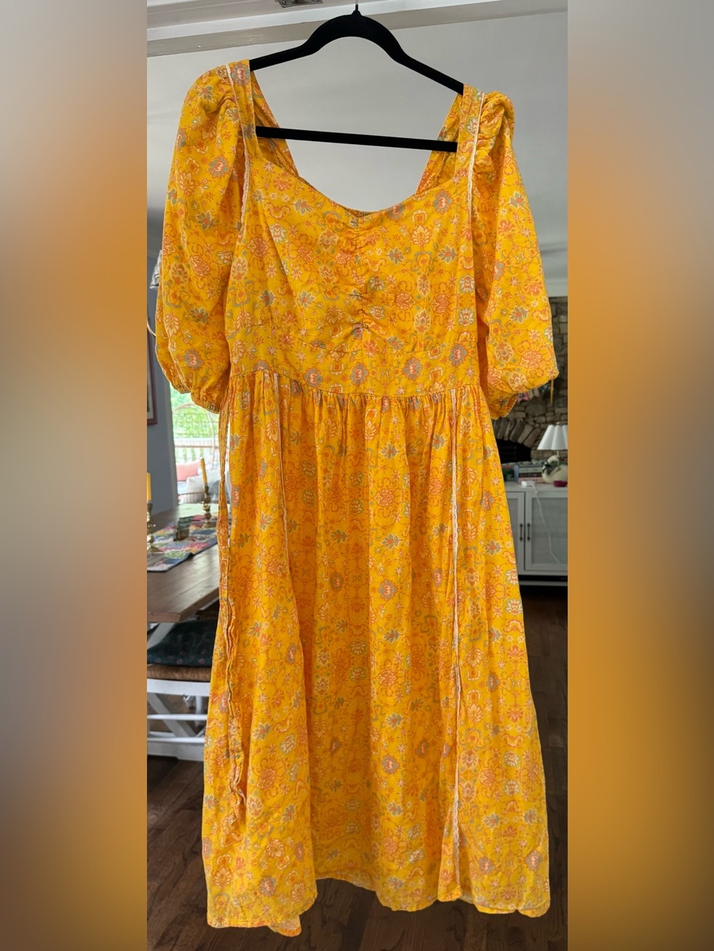 Ivy City Co Tuscan Sun Dress Yellow Floral Puff Sleeve Tiered Smocked Midi